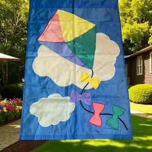 Vintage Kite Garden Flag 1997 Yard Decor Outdoor Clouds Spring Cheery 28" x 41"